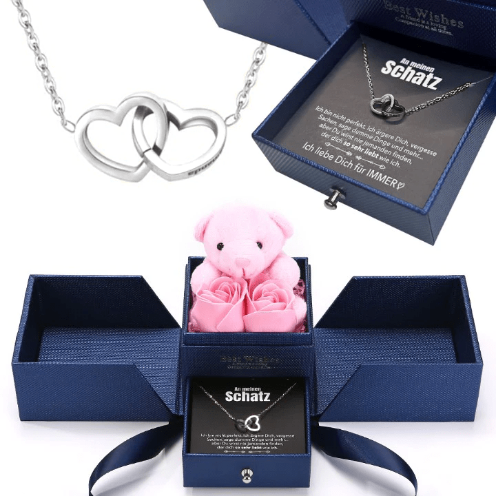 Ewige Rosenbär Box - Gravierte Halskette mit Notiz & ewiger Rose