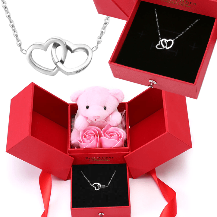 Ewige Rosenbär Box - Gravierte Halskette & ewige Rosen