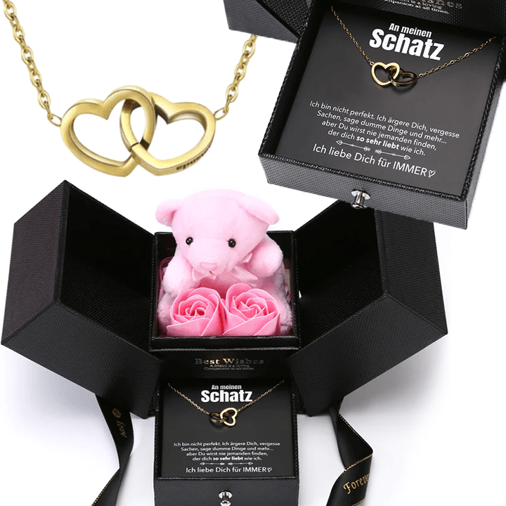 Ewige Rosenbär Box - Gravierte Halskette mit Notiz & ewiger Rose