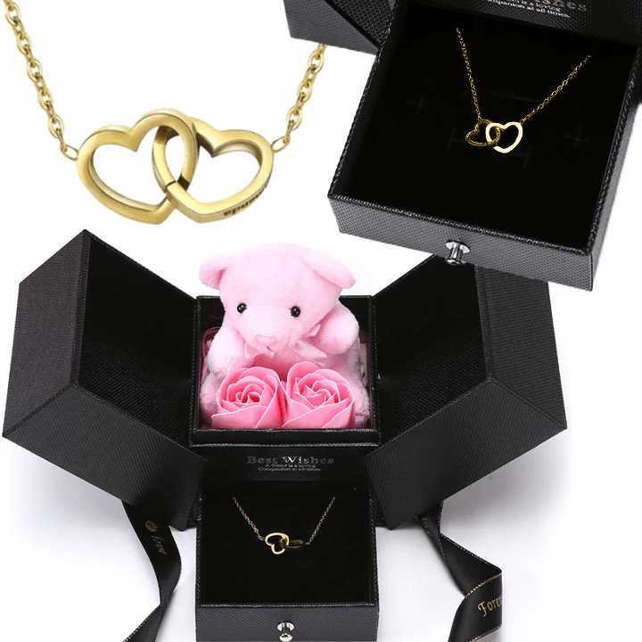 Ewige Rosenbär Box - Gravierte Halskette & ewige Rosen