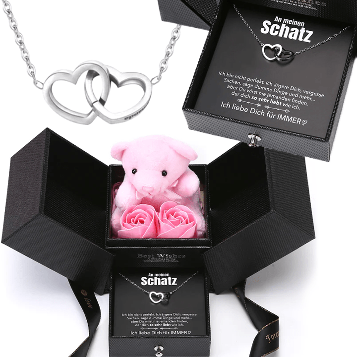 Ewige Rosenbär Box - Gravierte Halskette mit Notiz & ewiger Rose