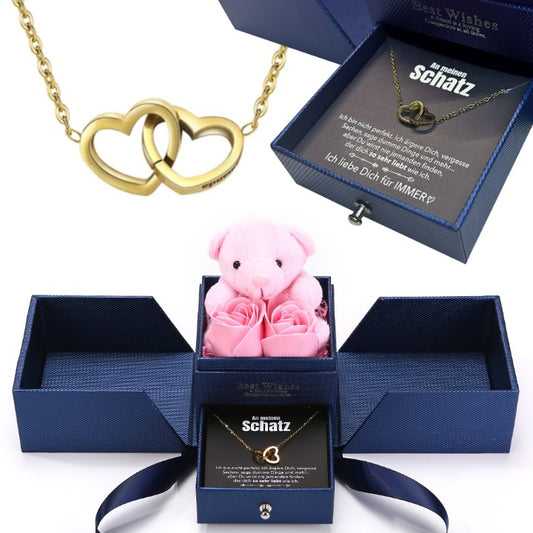 Ewige Rosenbär Box - Gravierte Halskette mit Notiz & ewiger Rose