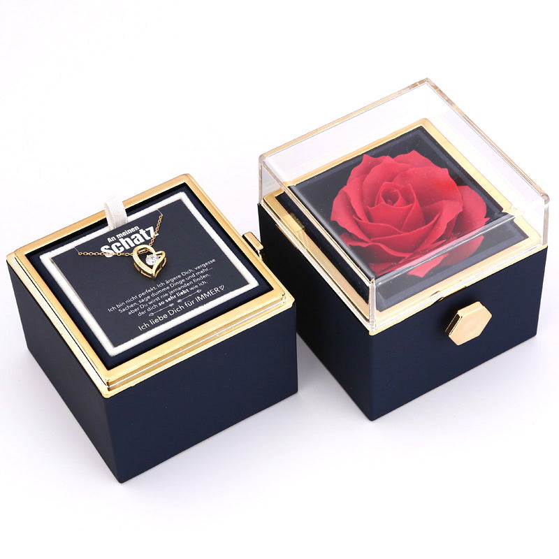 Ewige Rosenbox – mit Herz-Halskette, Liebesnotiz und echter Rose