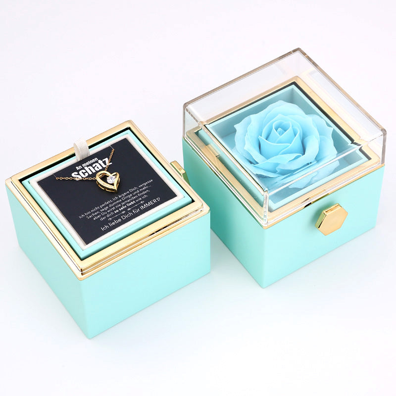 Ewige Rosenbox – mit Herz-Halskette, Liebesnotiz und echter Rose