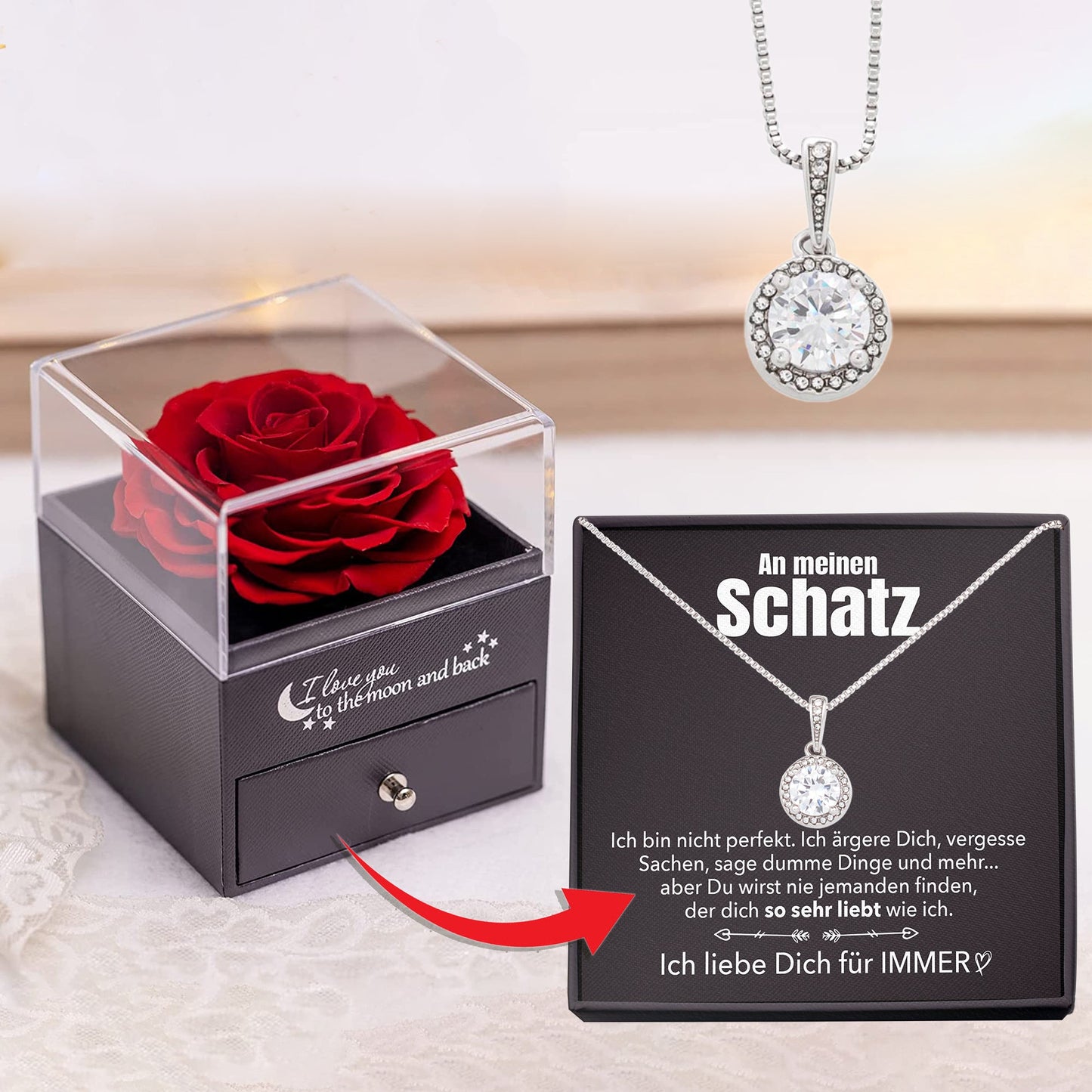 Rosenbox - Weißgold Ausführung Kreis Halskette - An meinen Schatz