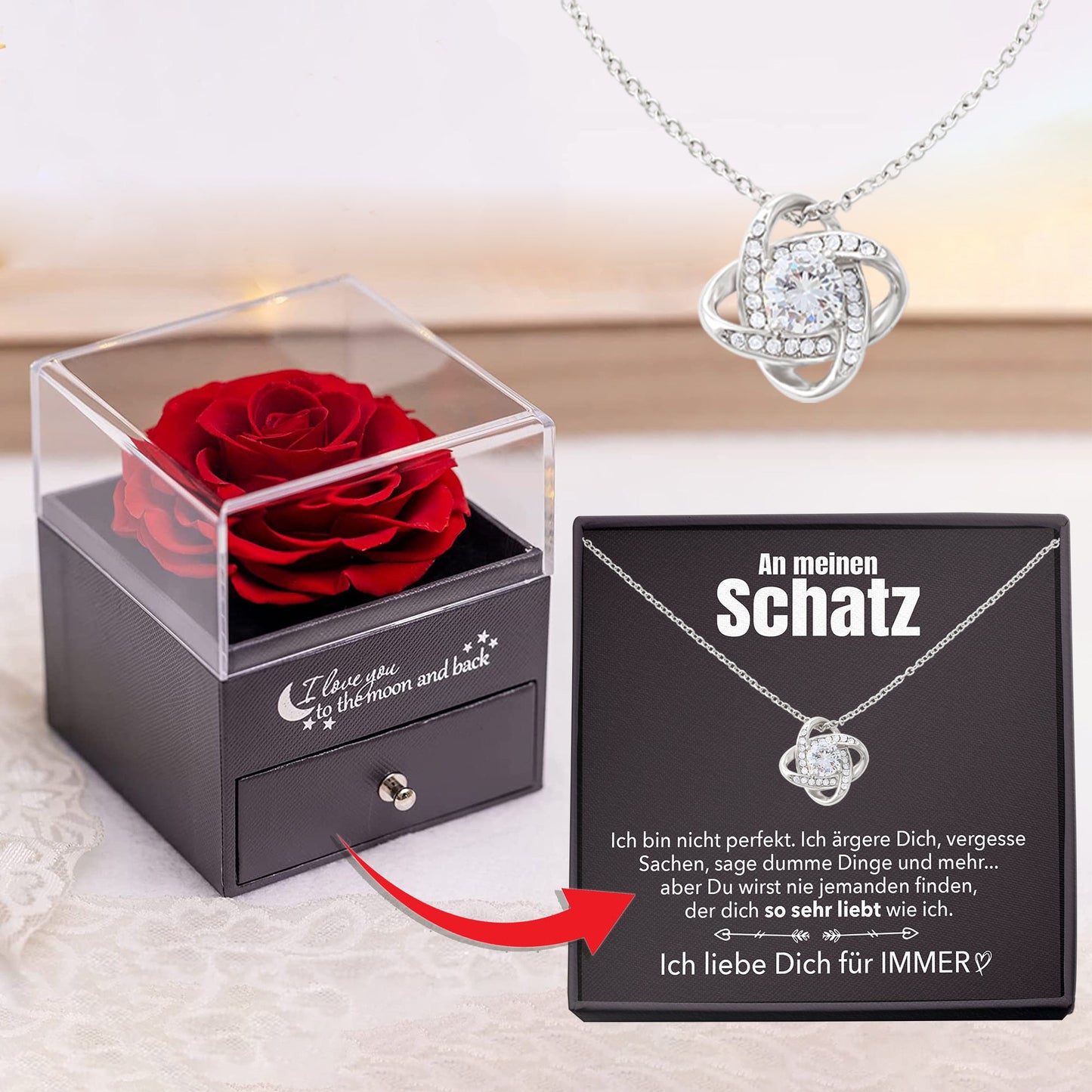 Rosenbox - Weißgold Ausführung Liebesknoten Halskette - An meinen Schatz