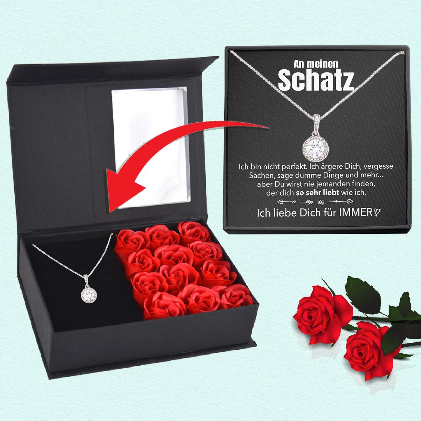 Rosenbox mit Notiz - Weißgold Ausführung Kreis Halskette - An meinen Schatz