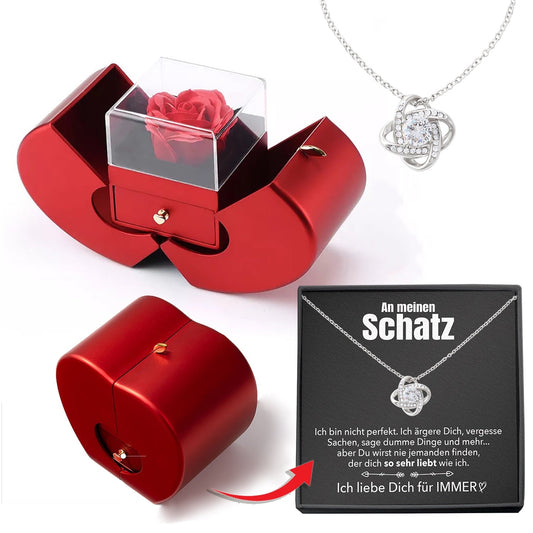 14k Weißgold Ausführung Liebesknoten Halskette - Mit echter Rose - An meinen Schatz