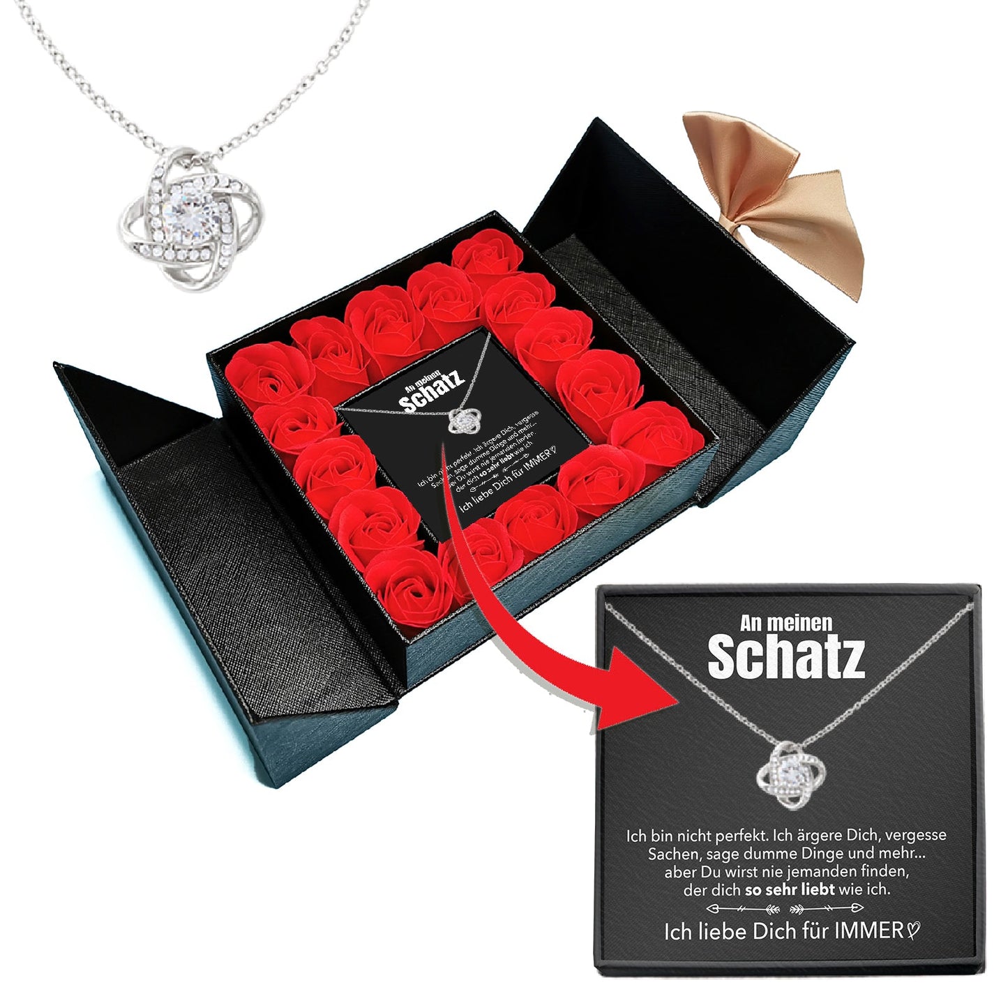 Aufklappbare Rosenbox - Weißgold Ausführung Liebesknoten Halskette - An meinen Schatz