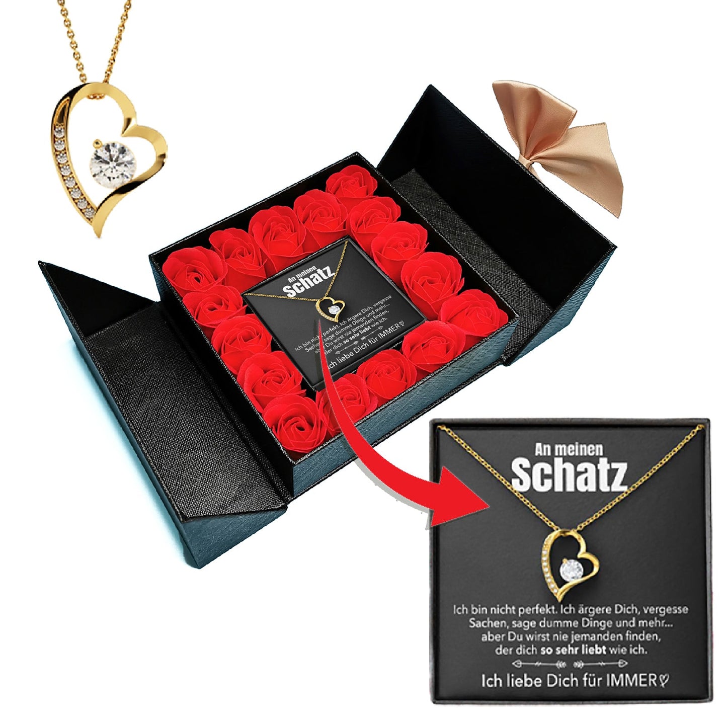 Aufklappbare Rosenbox - Weißgold Ausführung Herz Halskette - An meinen Schatz