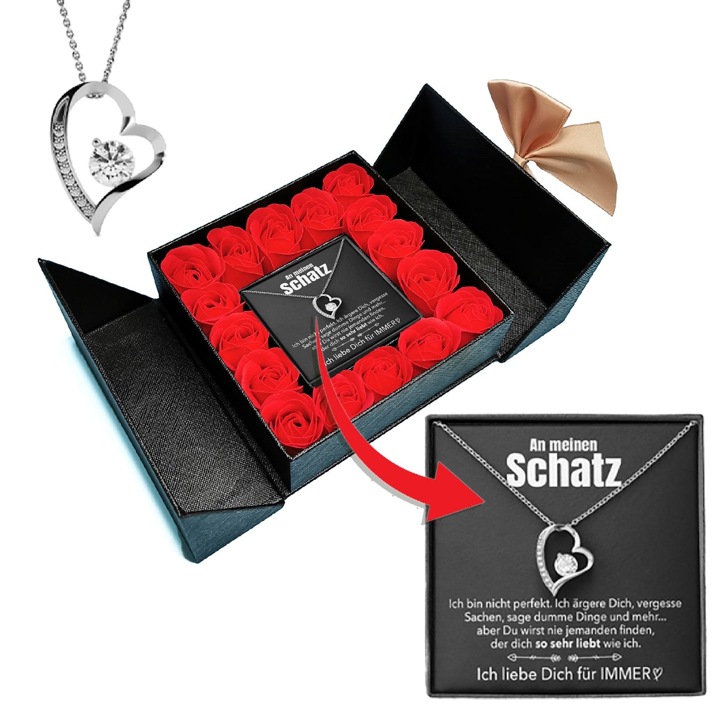 Aufklappbare Rosenbox - Weißgold Ausführung Herz Halskette - An meinen Schatz