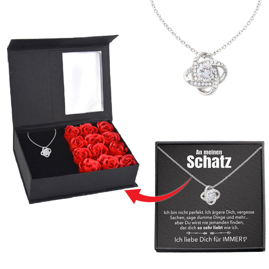 Rosenbox mit Notiz - Weißgold Ausführung Liebesknoten Halskette - An meinen Schatz