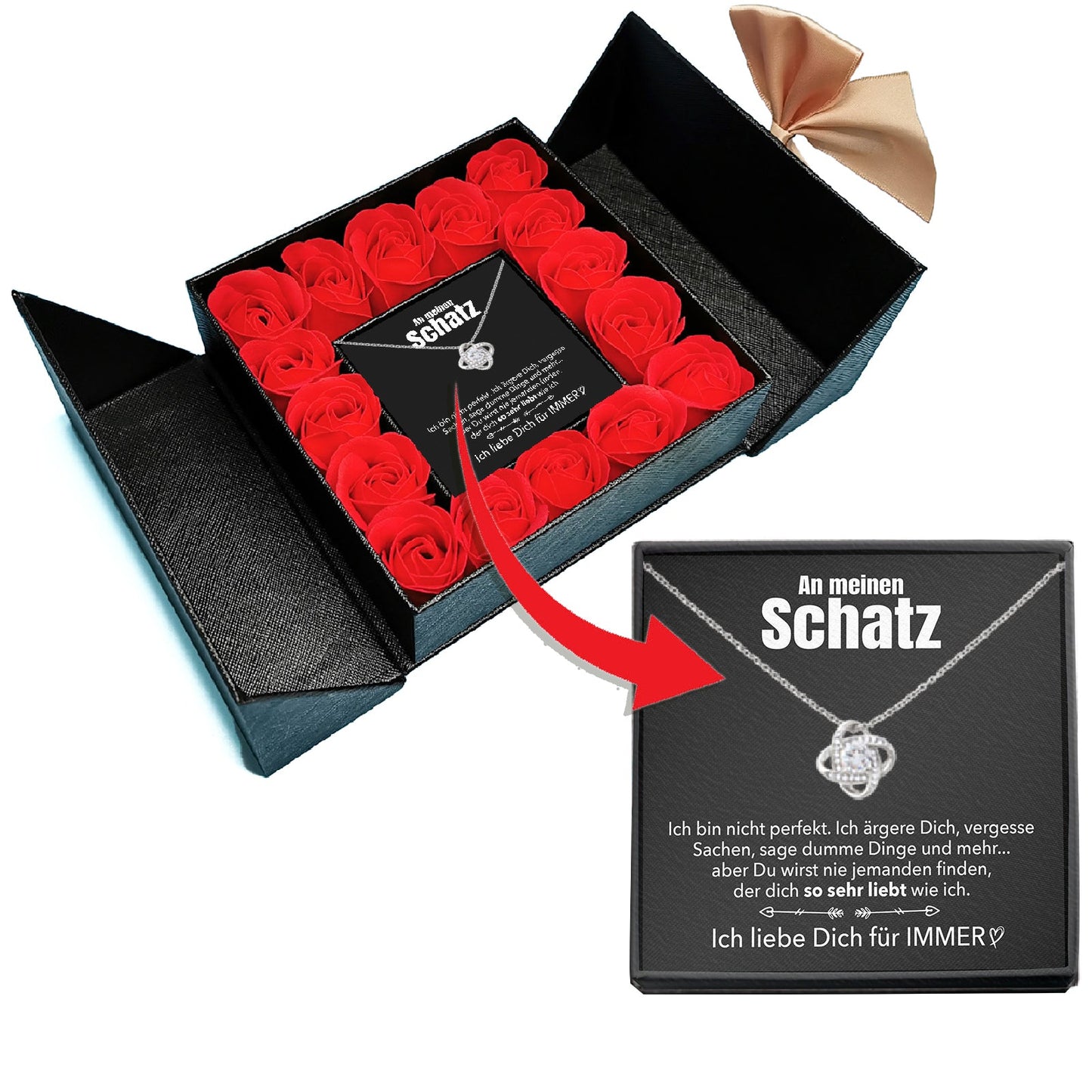 Aufklappbare Rosenbox - Weißgold Ausführung Liebesknoten Halskette - An meinen Schatz
