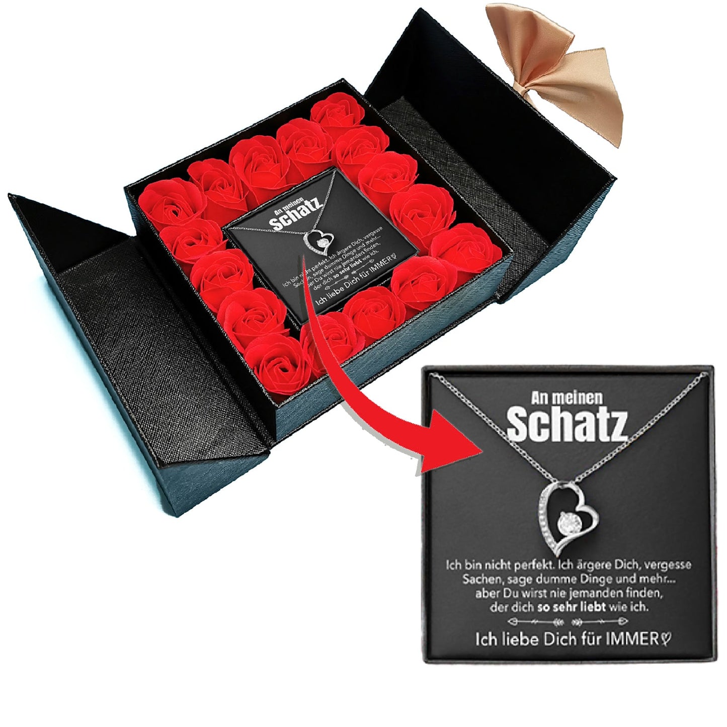 Aufklappbare Rosenbox - Weißgold Ausführung Herz Halskette - An meinen Schatz