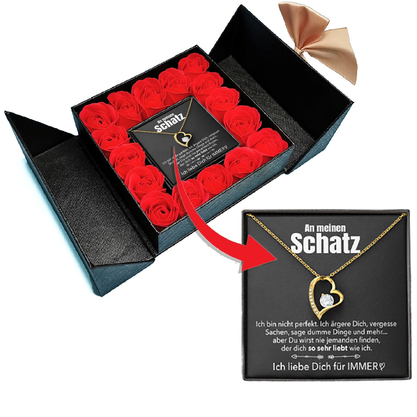 Aufklappbare Rosenbox - Weißgold Ausführung Herz Halskette - An meinen Schatz