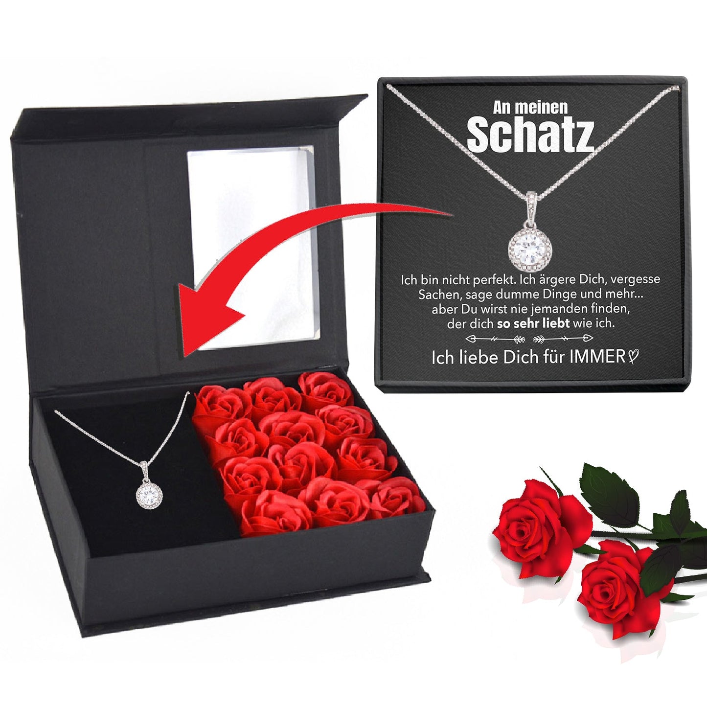 Rosenbox mit Notiz - Weißgold Ausführung Kreis Halskette - An meinen Schatz