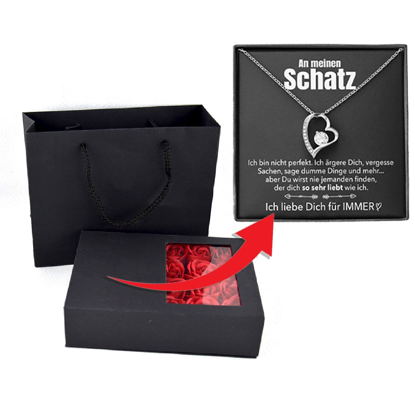 Rosenbox mit Notiz - Weißgold Ausführung Herz Halskette - An meinen Schatz