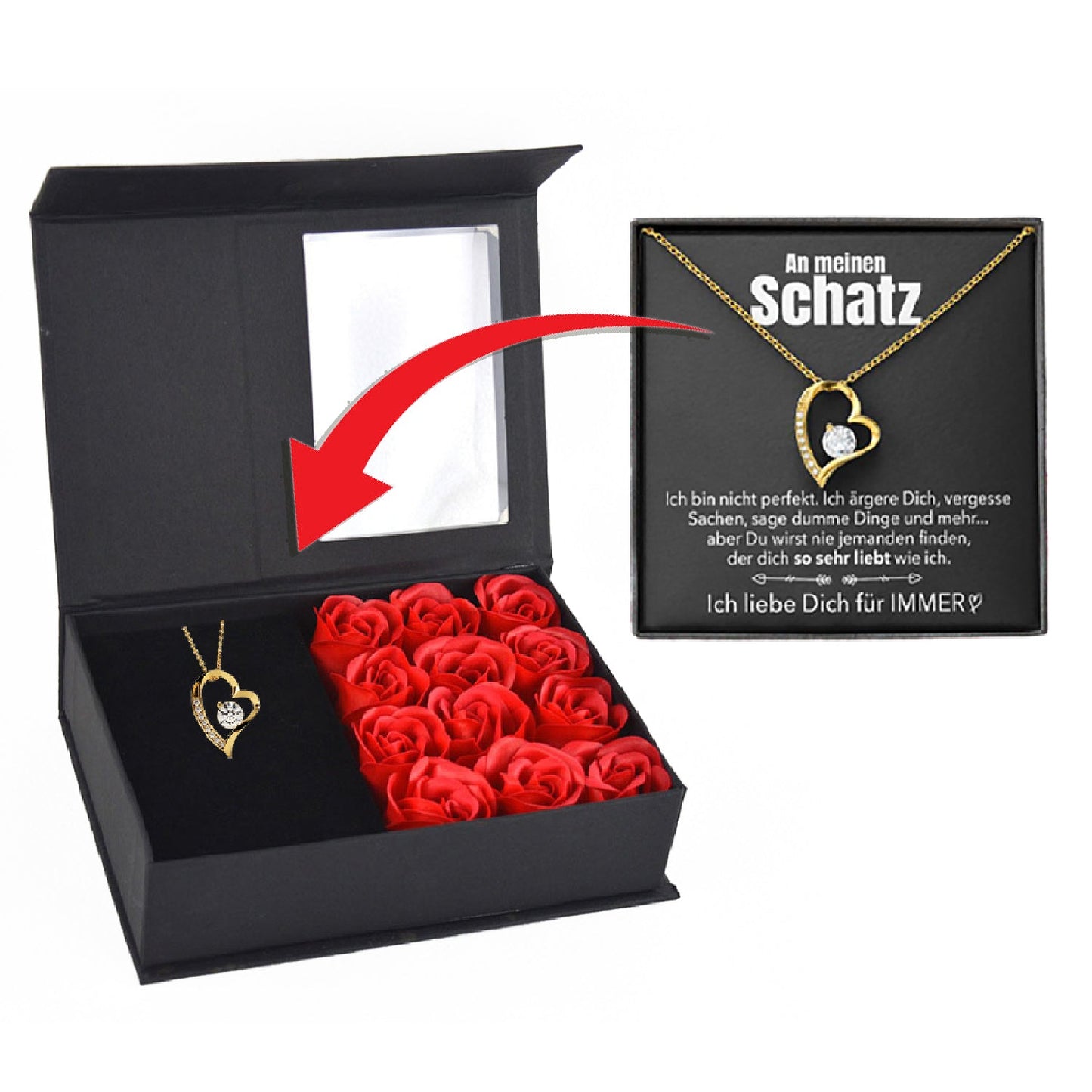 Rosenbox mit Notiz - Weißgold Ausführung Herz Halskette - An meinen Schatz