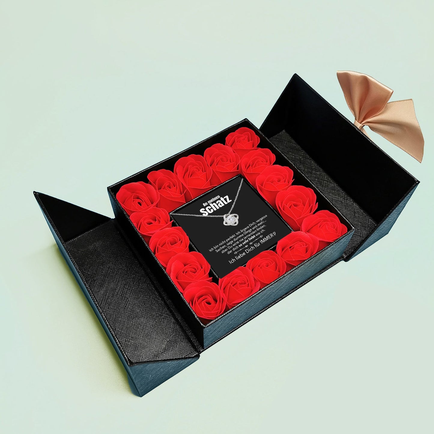 Aufklappbare Rosenbox - Weißgold Ausführung Liebesknoten Halskette - An meinen Schatz