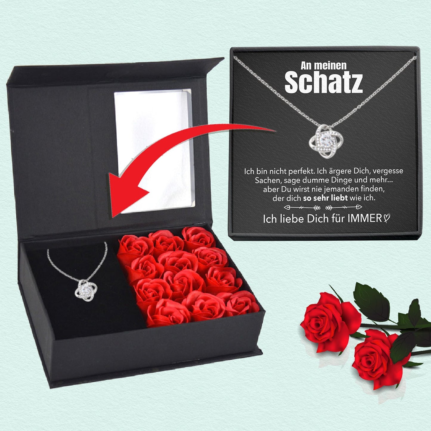 Rosenbox mit Notiz - Weißgold Ausführung Liebesknoten Halskette - An meinen Schatz