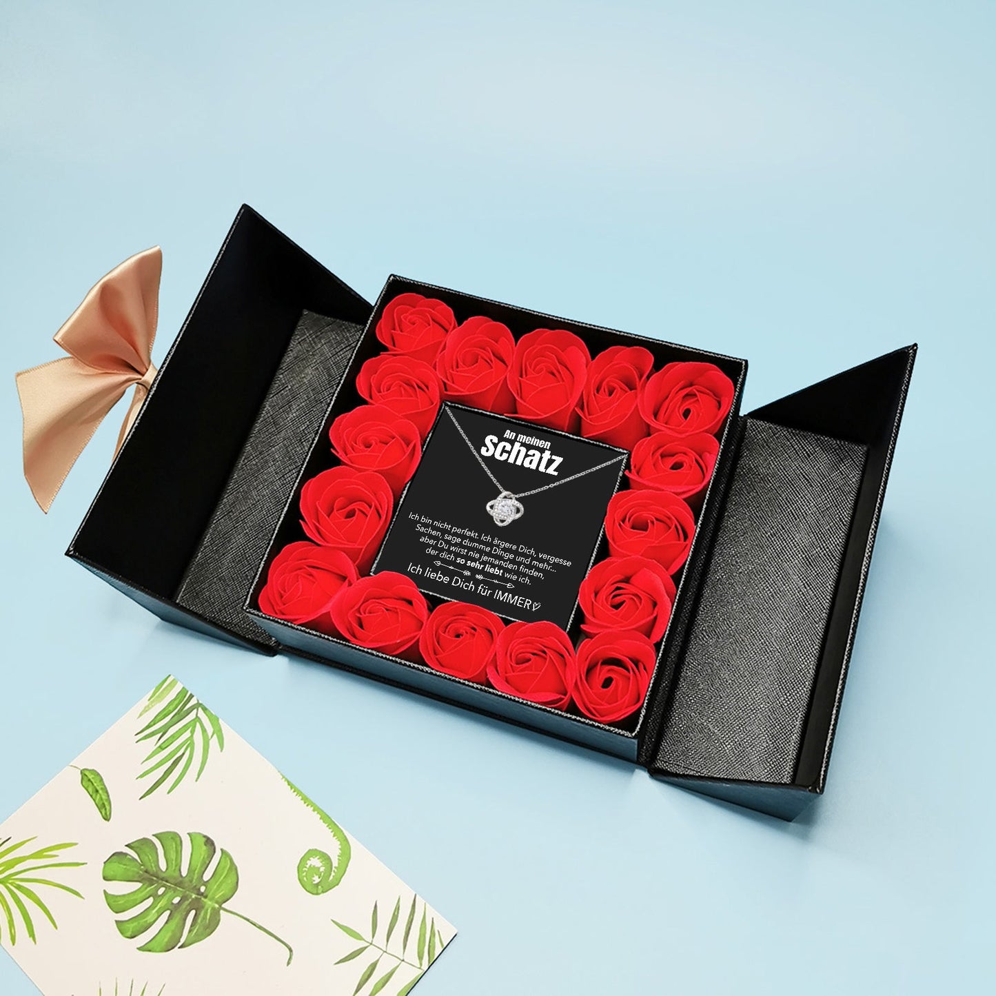 Aufklappbare Rosenbox - Weißgold Ausführung Liebesknoten Halskette - An meinen Schatz