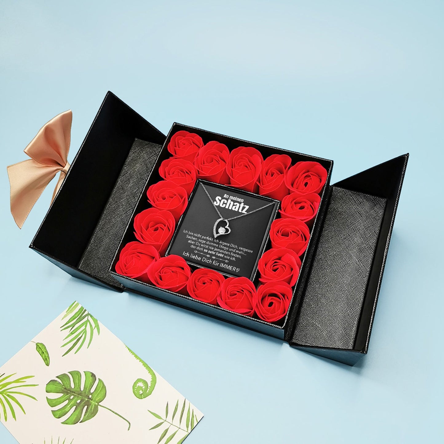 Aufklappbare Rosenbox - Weißgold Ausführung Herz Halskette - An meinen Schatz