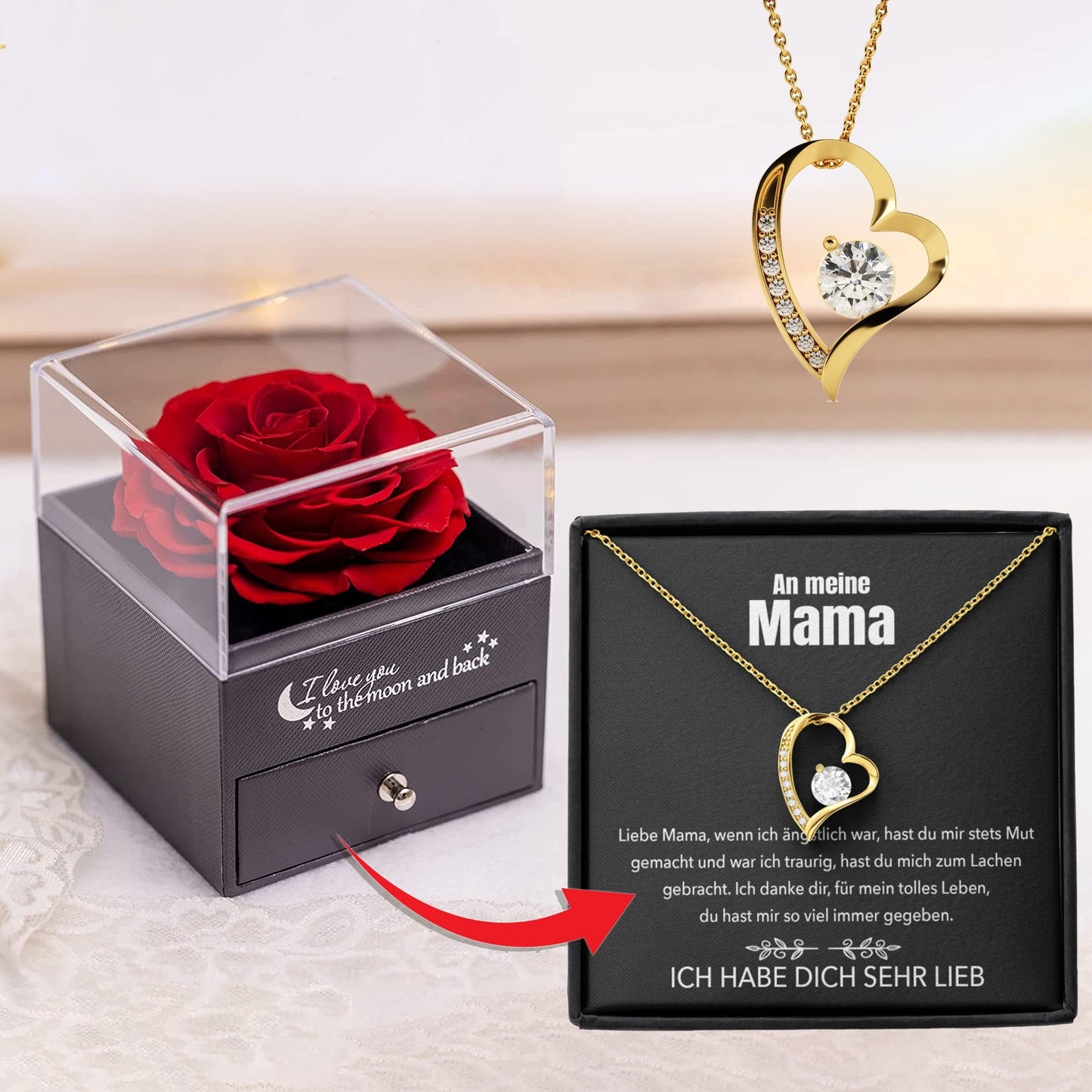 An meine Mama - Rosenbox - Weißgold Ausführung Herz Halskette