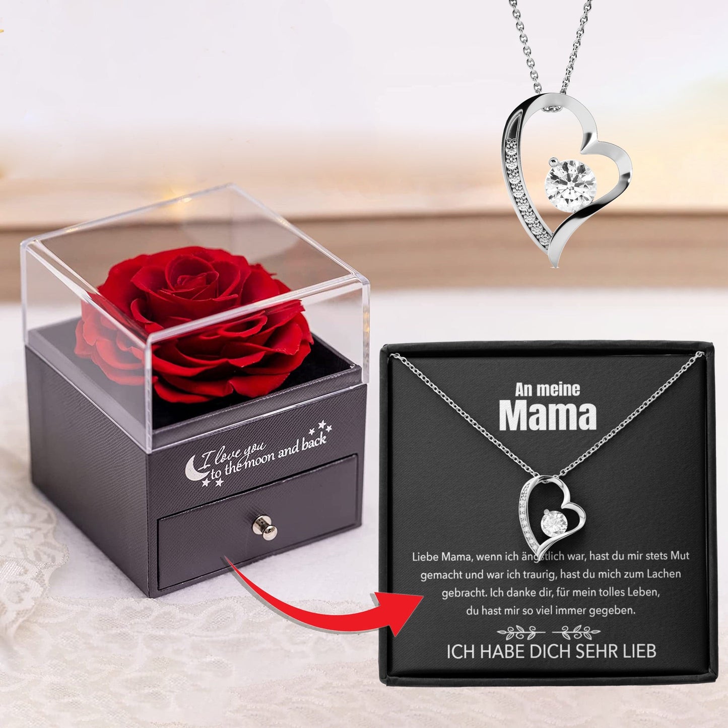 An meine Mama - Rosenbox - Weißgold Ausführung Herz Halskette