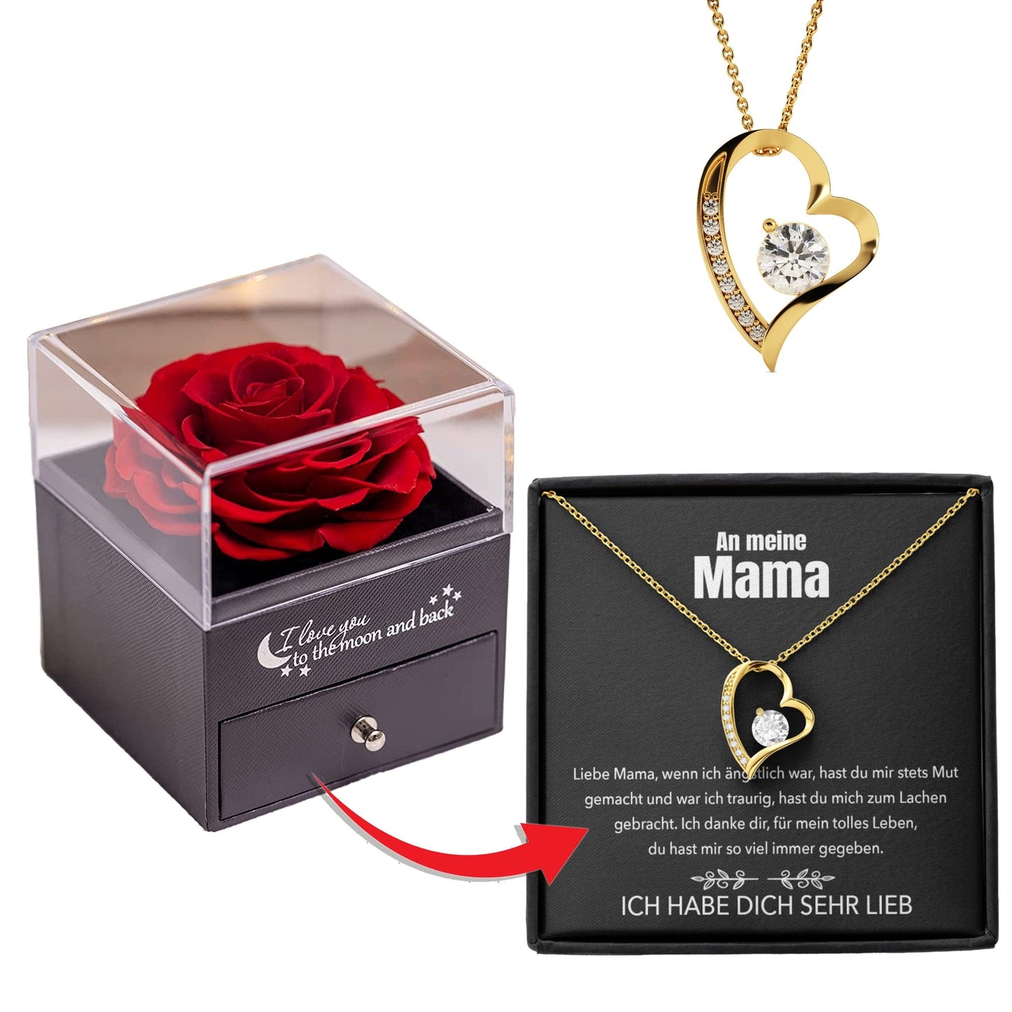 An meine Mama - Rosenbox - Weißgold Ausführung Herz Halskette