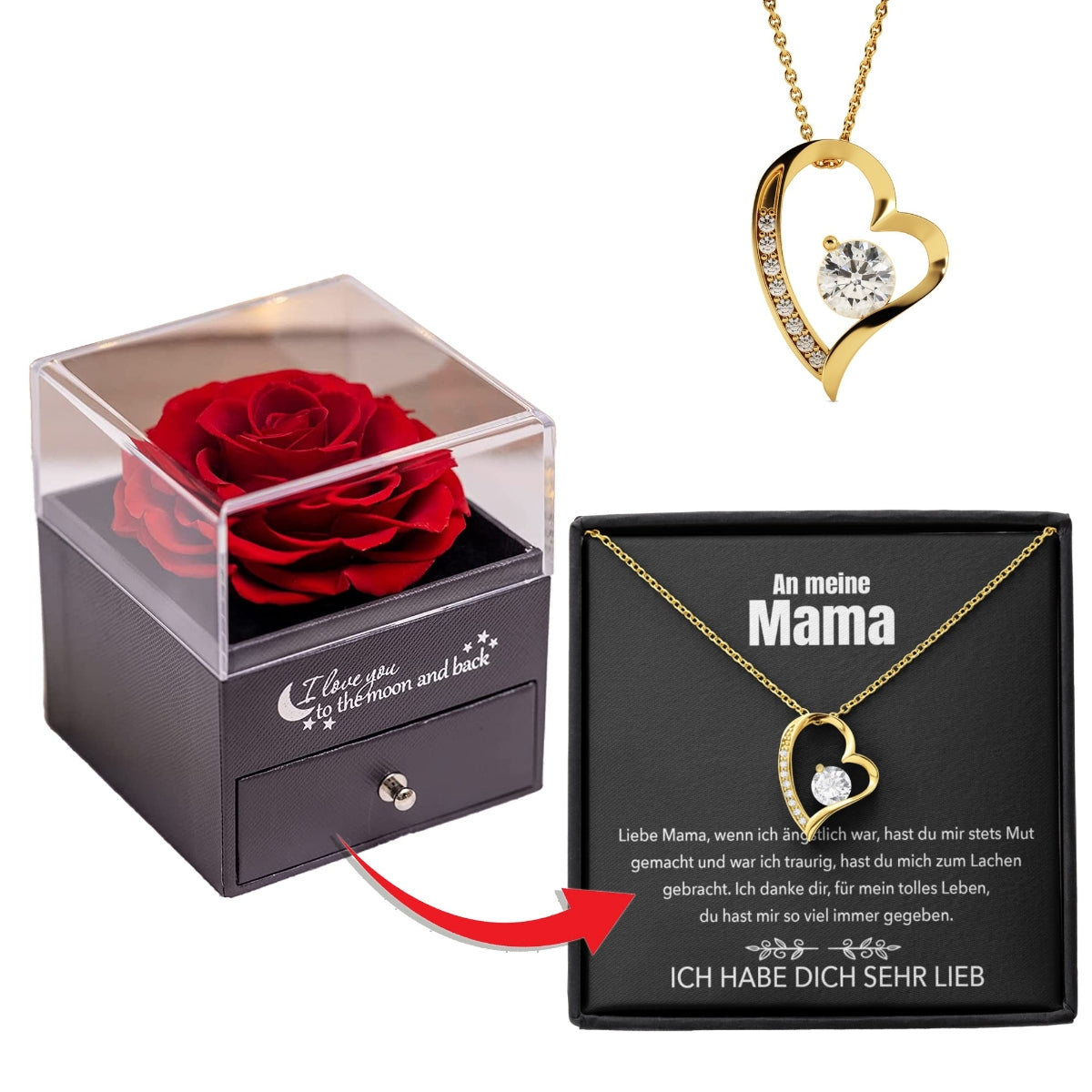An meine Mama - Rosenbox + GRATIS Ohrringe - Weißgold Ausführung Herz Halskette