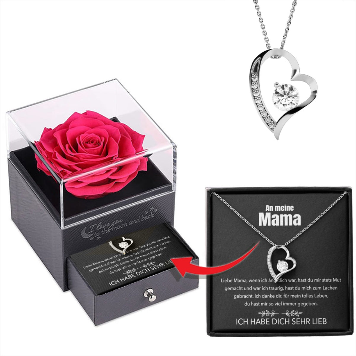 An meine Mama - Rosenbox + GRATIS Ohrringe - Weißgold Ausführung Herz Halskette
