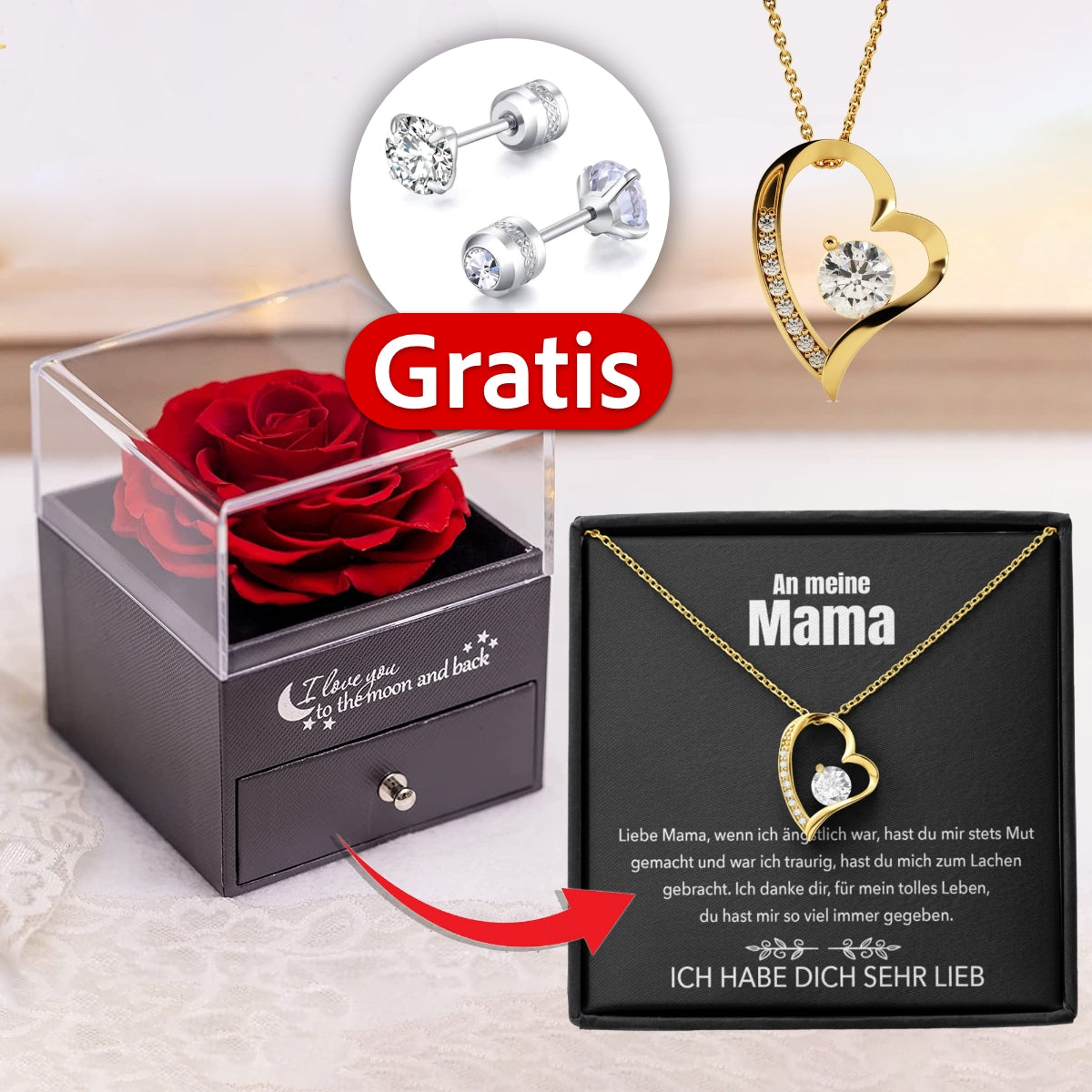 An meine Mama - Rosenbox + GRATIS Ohrringe - Weißgold Ausführung Herz Halskette