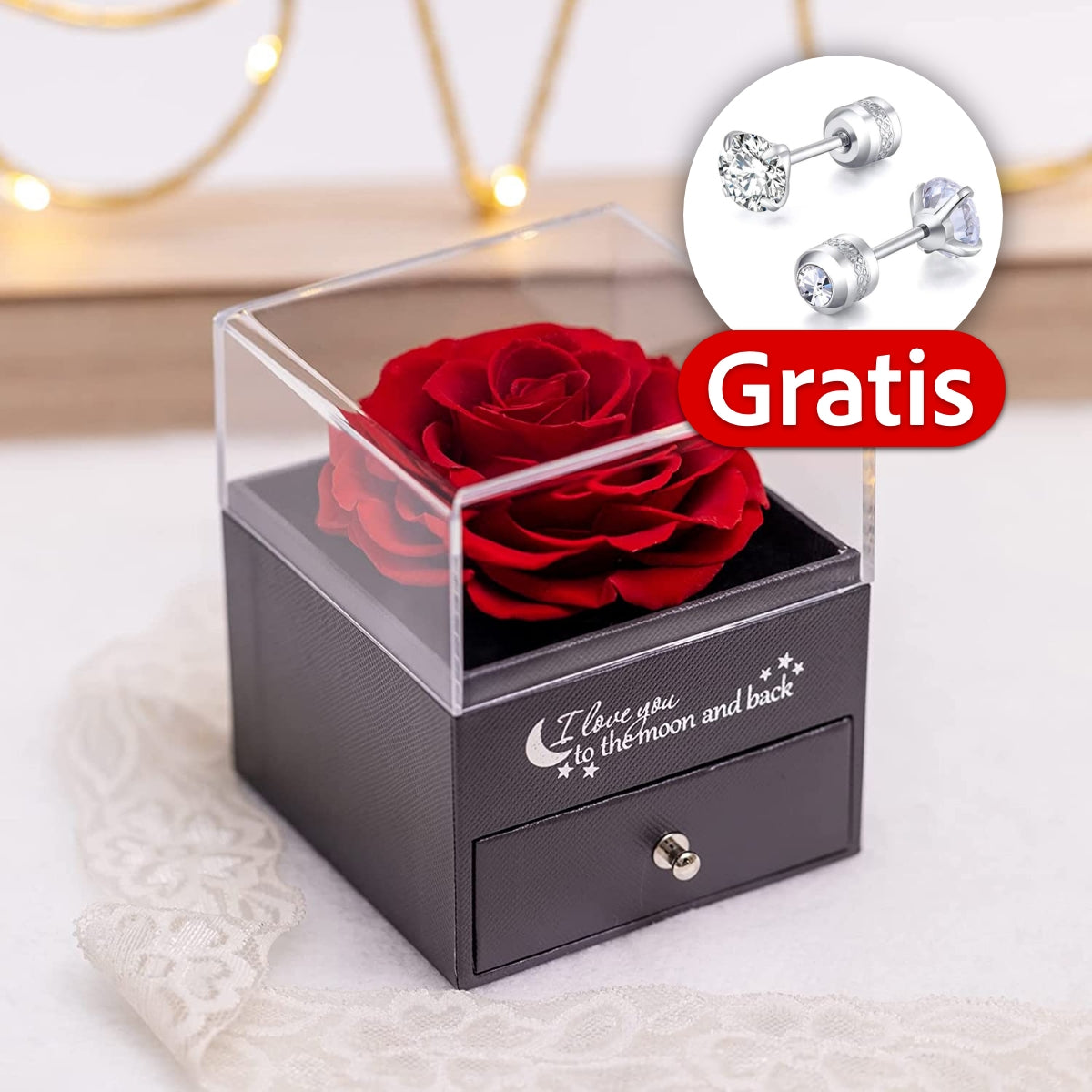 An meine Mama - Rosenbox + GRATIS Ohrringe - Weißgold Ausführung Herz Halskette