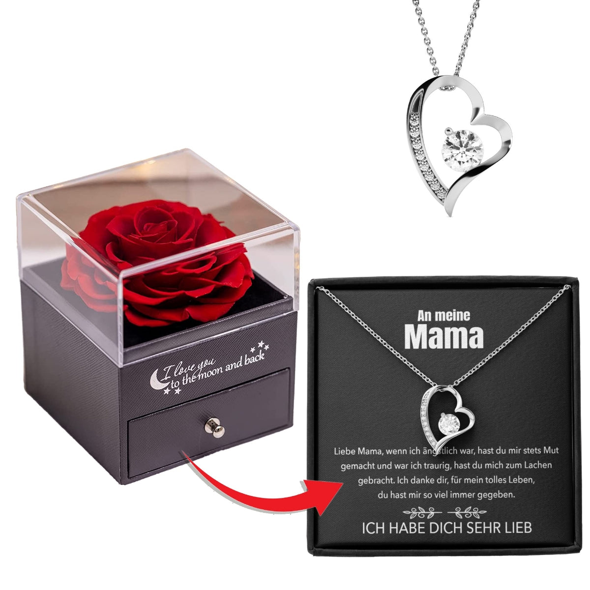 An meine Mama - Rosenbox + GRATIS Ohrringe - Weißgold Ausführung Herz Halskette
