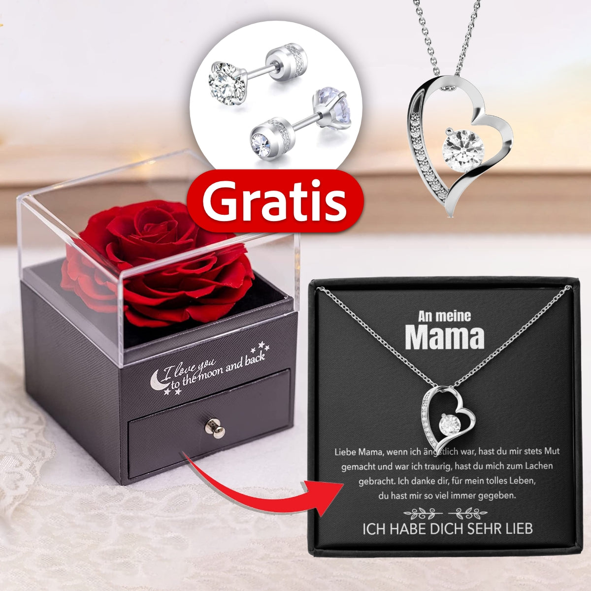 An meine Mama - Rosenbox + GRATIS Ohrringe - Weißgold Ausführung Herz Halskette