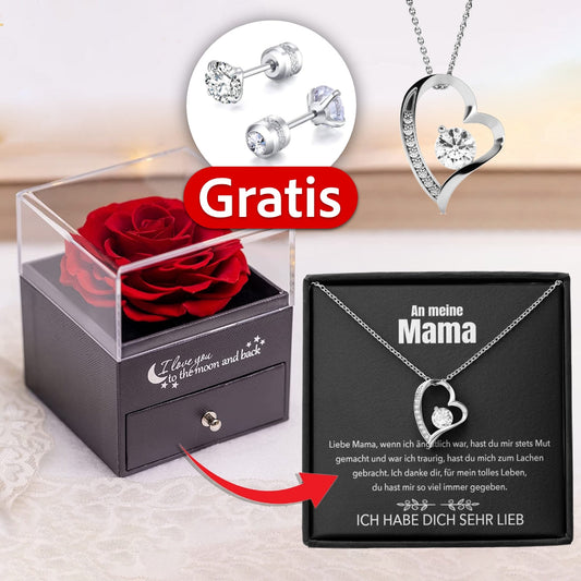 An meine Mama - Rosenbox + GRATIS Ohrringe - Weißgold Ausführung Herz Halskette
