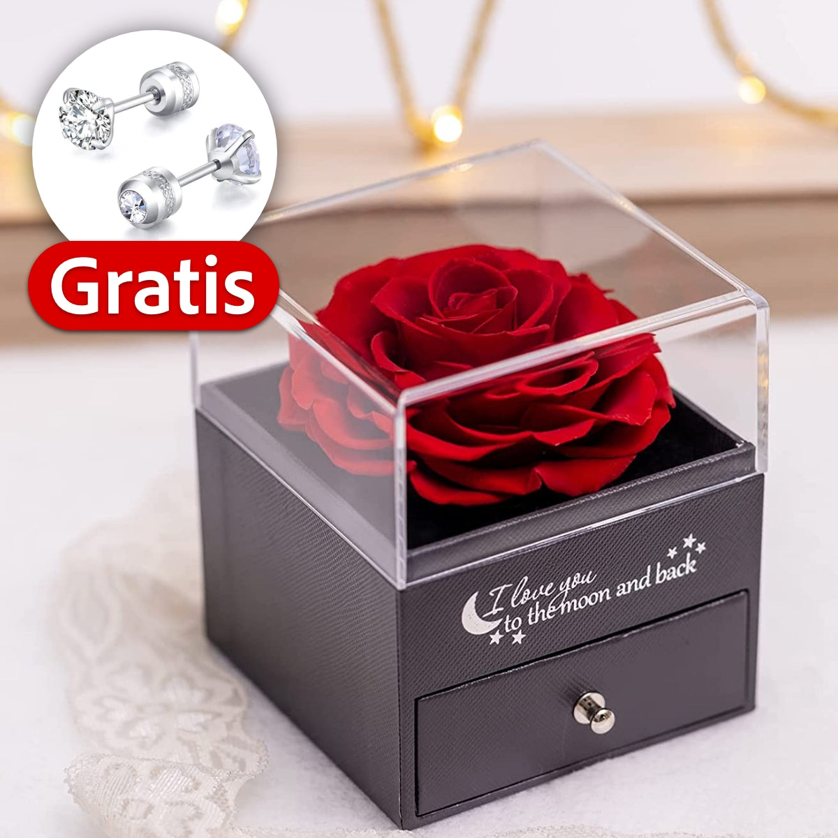 Rosenbox + GRATIS Ohrringe - Weißgold Ausführung Herz Halskette - An meinen Schatz