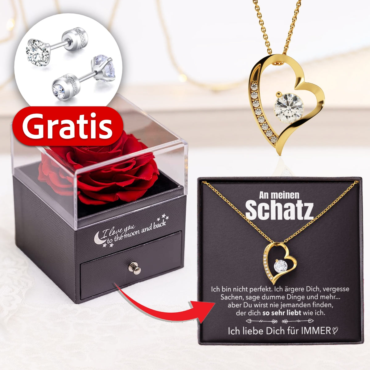 Rosenbox + GRATIS Ohrringe - Weißgold Ausführung Herz Halskette - An meinen Schatz