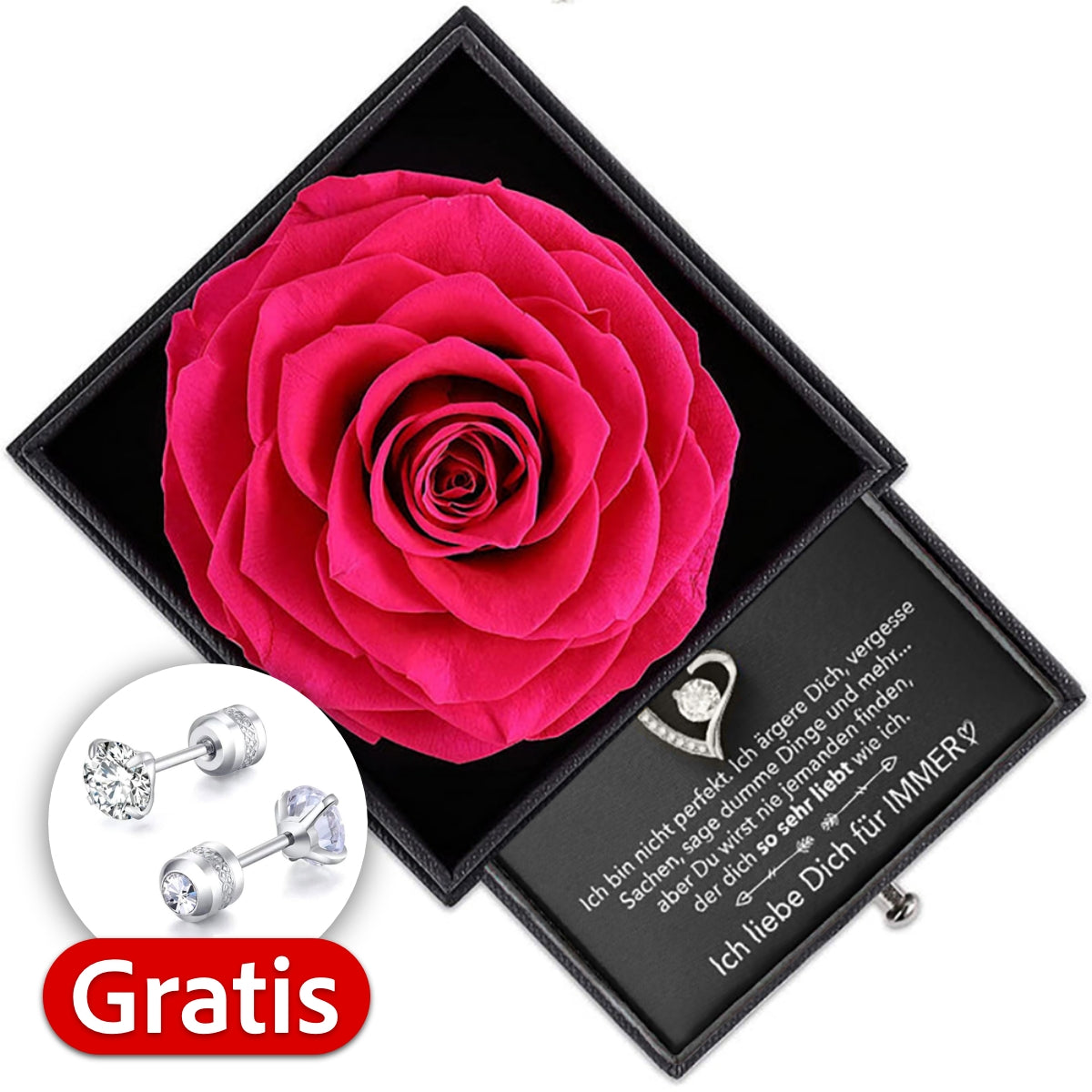 Rosenbox + GRATIS Ohrringe - Weißgold Ausführung Herz Halskette - An meinen Schatz