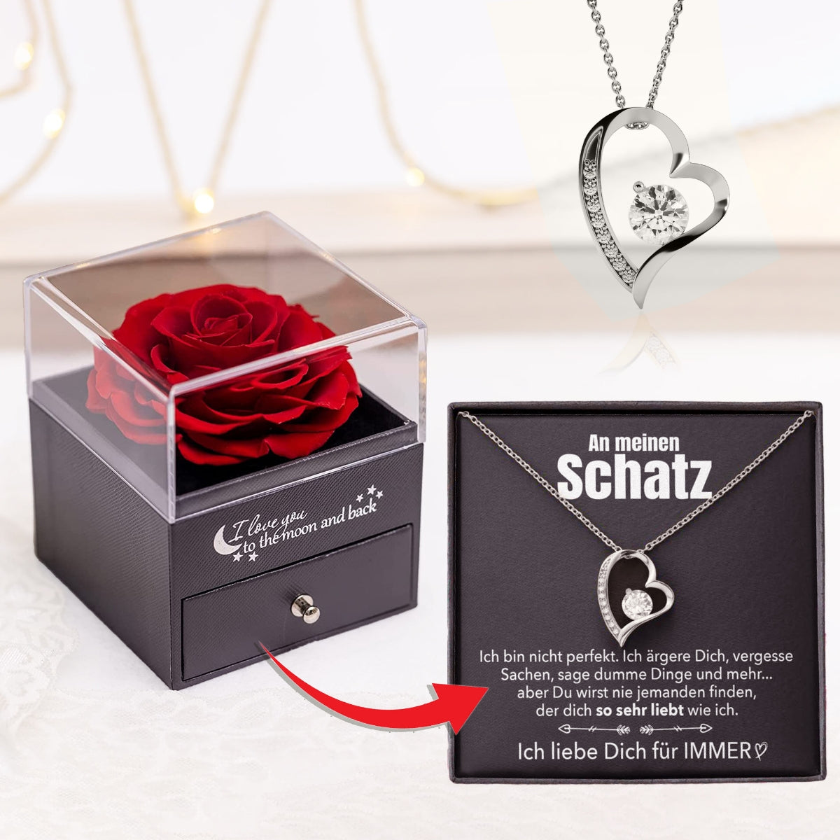 Rosenbox + GRATIS Ohrringe - Weißgold Ausführung Herz Halskette - An meinen Schatz