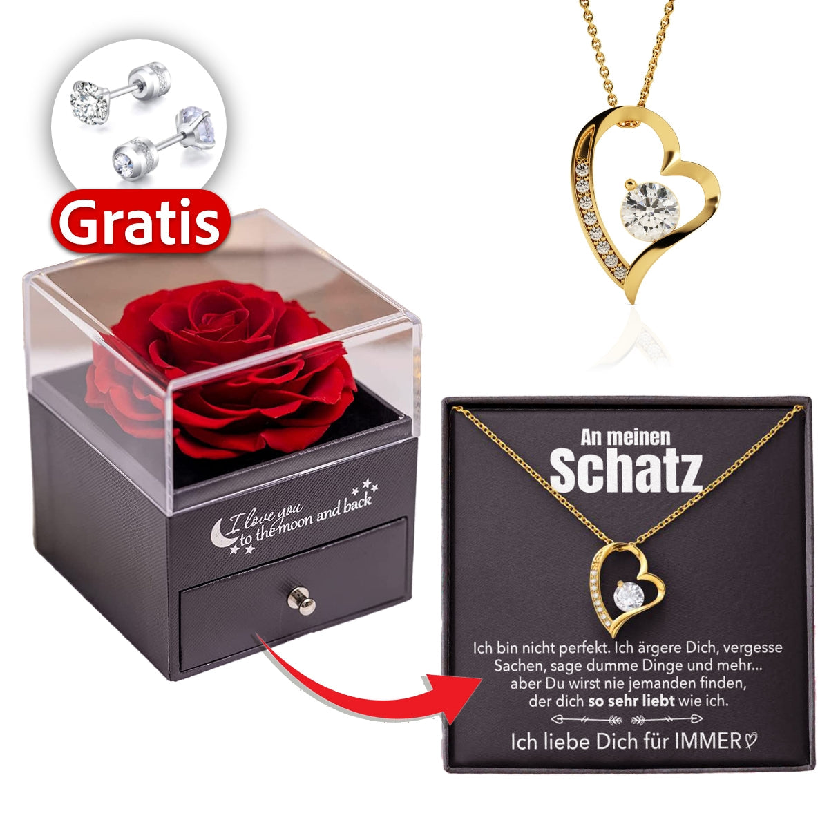 Rosenbox + GRATIS Ohrringe - Weißgold Ausführung Herz Halskette - An meinen Schatz