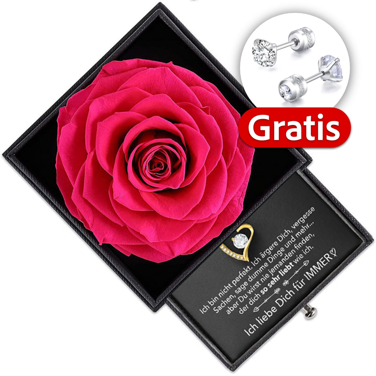 Rosenbox + GRATIS Ohrringe - Weißgold Ausführung Herz Halskette - An meinen Schatz