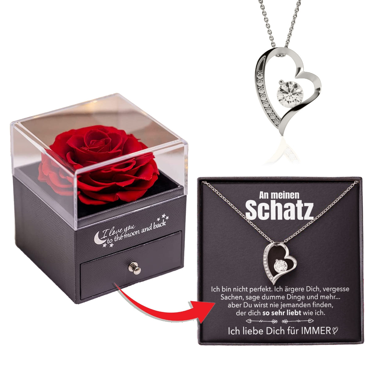 Rosenbox + GRATIS Ohrringe - Weißgold Ausführung Herz Halskette - An meinen Schatz
