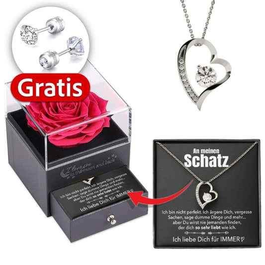 Rosenbox + GRATIS Ohrringe - Weißgold Ausführung Herz Halskette - An meinen Schatz