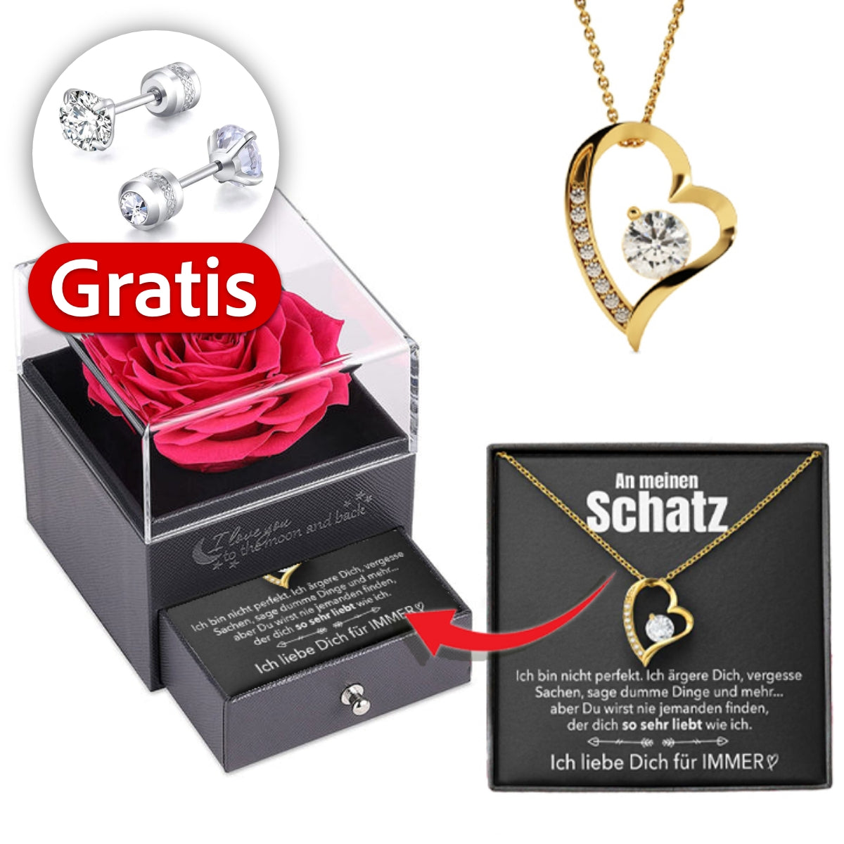 Rosenbox + GRATIS Ohrringe - Weißgold Ausführung Herz Halskette - An meinen Schatz