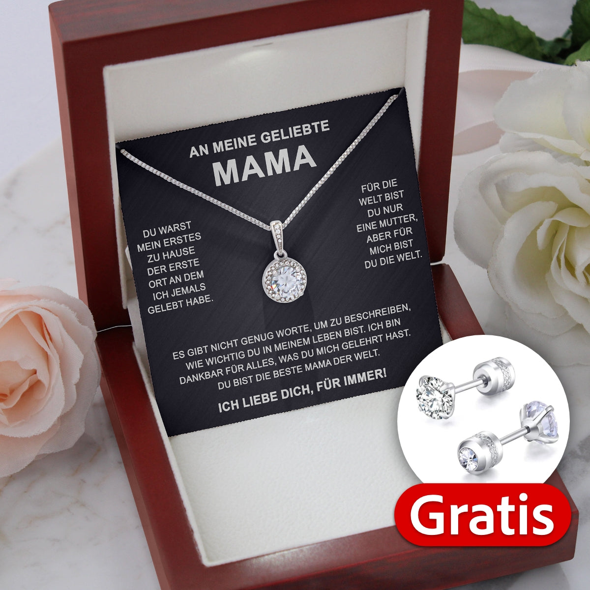 14k Weißgold Ausführung Kreis-Halskette + GRATIS Ohrringe - An meine geliebte Mama