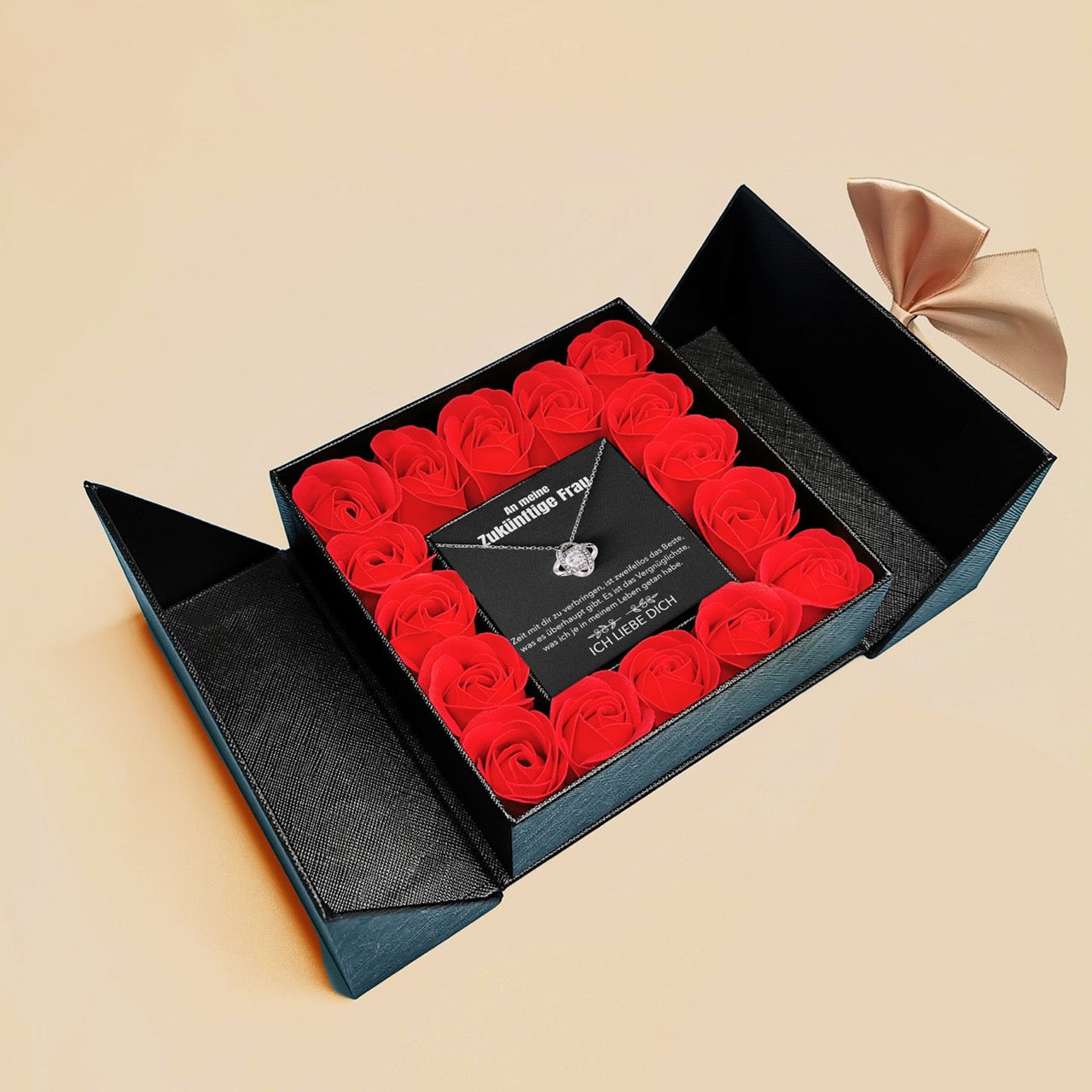 Aufklappbare Rosenbox mit 14k Weißgold Ausführung Halskette - An meine zukünftige Frau