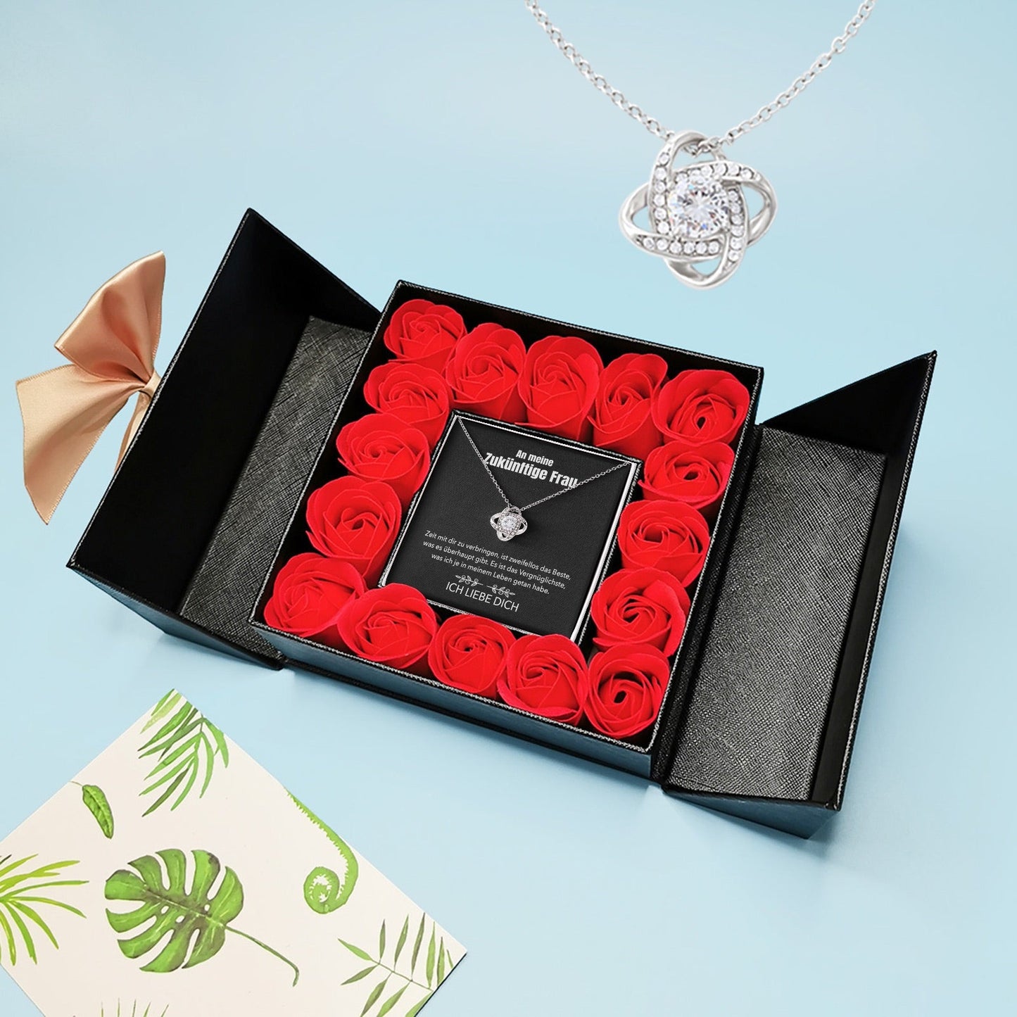 Aufklappbare Rosenbox mit 14k Weißgold Ausführung Halskette - An meine zukünftige Frau