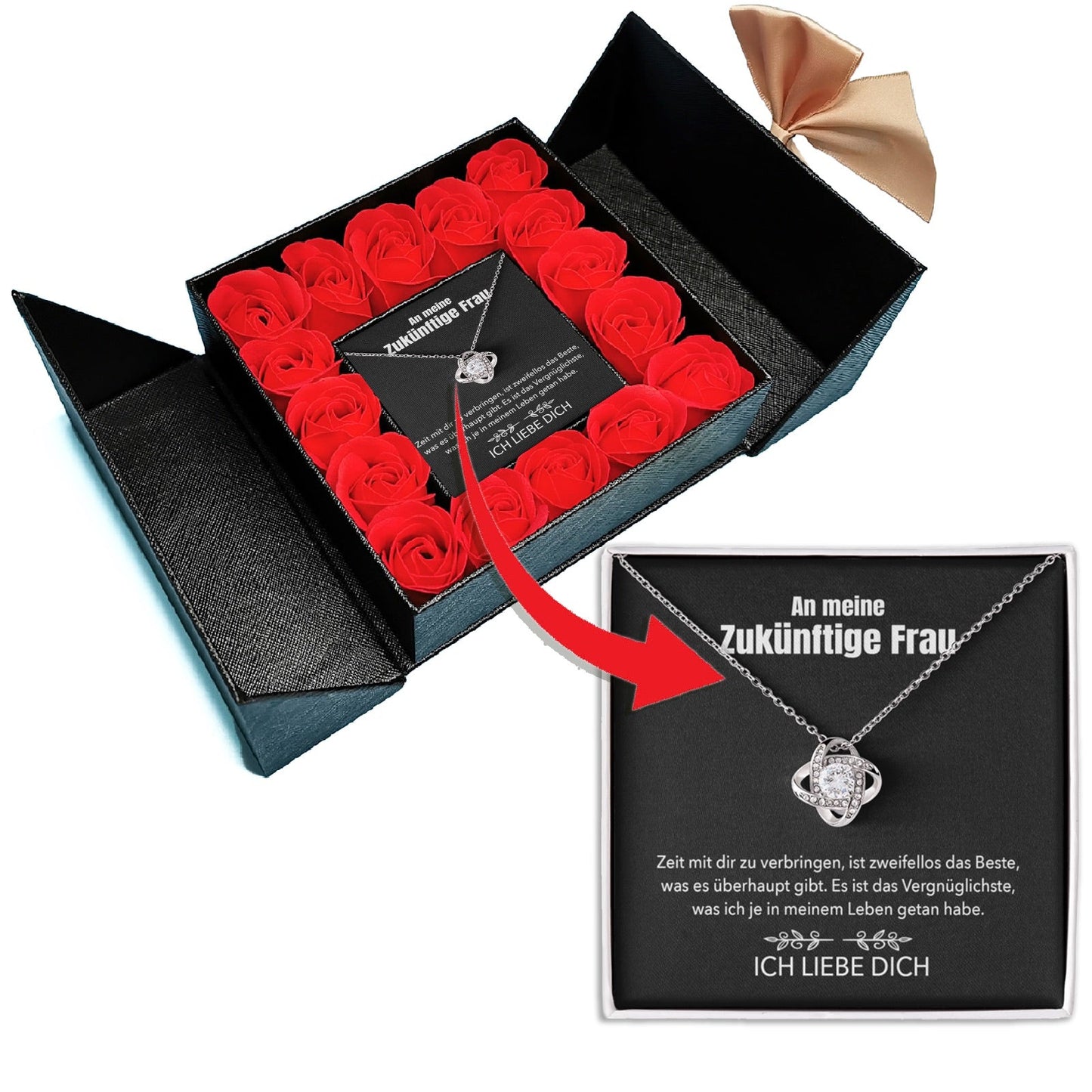 Aufklappbare Rosenbox mit 14k Weißgold Ausführung Halskette - An meine zukünftige Frau